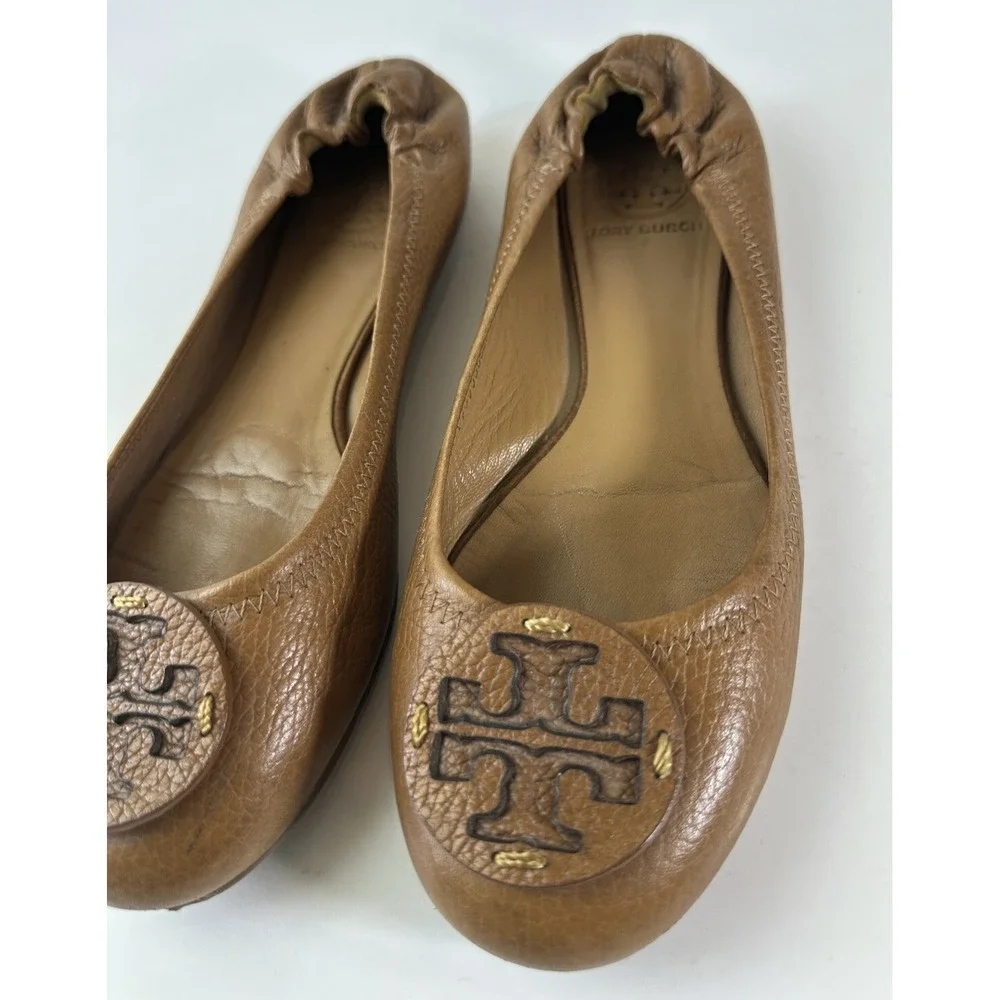 Tory Burch Reva Pebbled Leather Ballet Flats Royal Tan Camel Women Shoe Size 7M - Picture 2 of 15